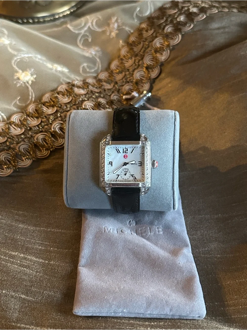 Michele Black Leather Strap Diamond-Trim Square Watch (+ 2 additional straps)